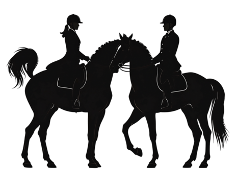 Two silhouettes of riders on horses touch noses against a stark black background