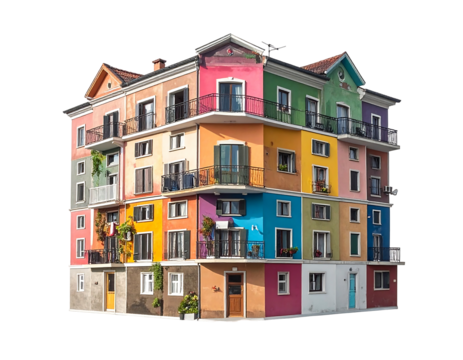 Vibrant, stacked apartment building with varying colors and balconies on a black background, sunny day