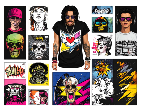 Vibrant collage showcasing portraits, skulls, and abstract designs, combining bold colors and striking contrasts in a pop art style