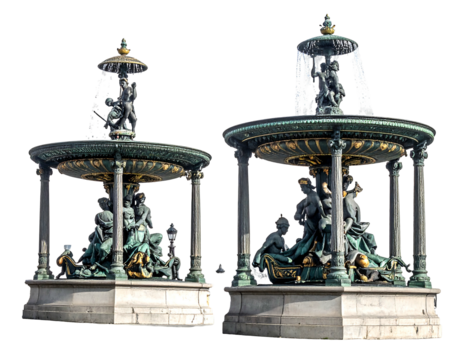 Two ornate, tiered fountains with bronze sculptures on stone bases sit against a stark black background