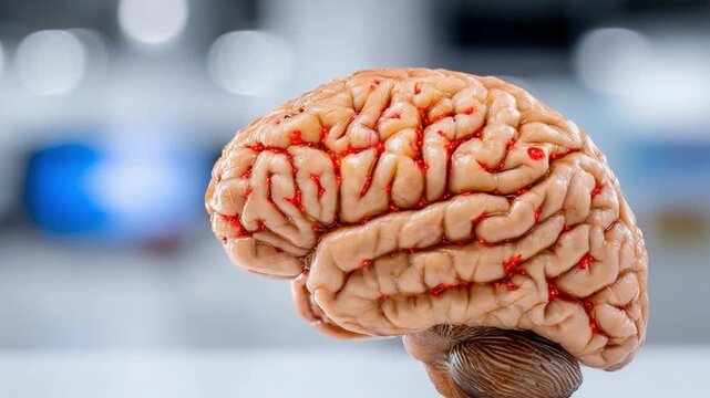 Anatomical Brain Model: A close-up view of a detailed anatomical brain model, representing the complex structures of the human mind, used in science and study of mind