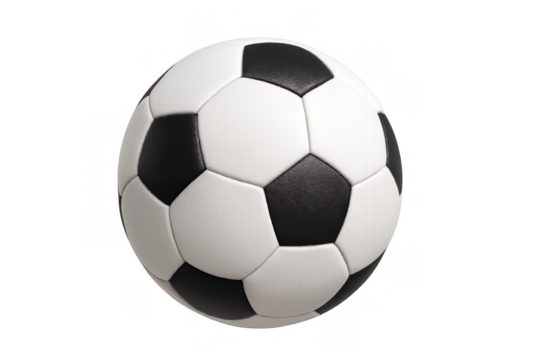 Soccer ball with classic black and white pattern for team sports and game concept, transparent background
