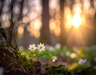 Delicate white wildflowers bathed in golden sunlight in a forest