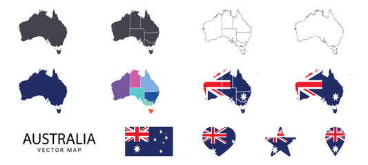 australia vector map set with flag icons states borders and outlines