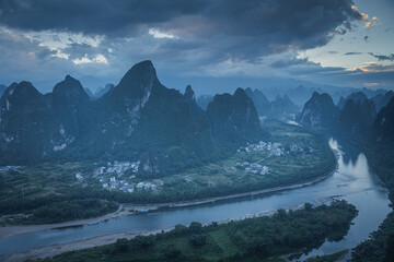Xianggong hill landscape of Guilin, Li River and Karst mountains. Xingping, Yangshuo County, Guangxi Province, China.
