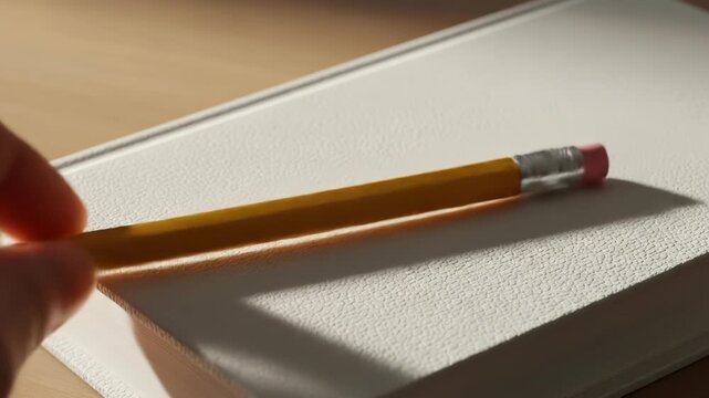 Hand holding yellow pencil over textured white book surface