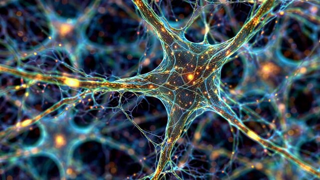 Neural network with glowing synapses and intricate connections illustrating complex brain cell activity and quantum neural communication in vibrant dynamic digital environment