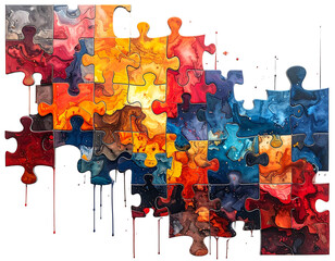 Vibrant watercolor puzzle pieces in warm to cool hues, some melting downward, isolated on black background