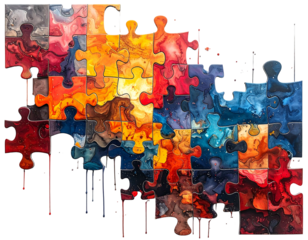 Vibrant watercolor puzzle pieces in warm to cool hues, some melting downward, isolated on black background
