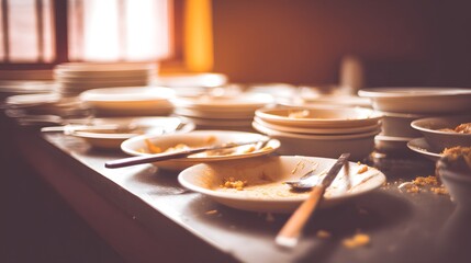 satiety. Banquet table covered with empty plates and leftover food, scattered utensils in muted light. menu design, packaging mockups, designed for food delivery and cloud-kitchen brand materials.