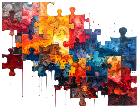 Vibrant watercolor puzzle pieces in warm to cool hues, some melting downward, isolated on black background