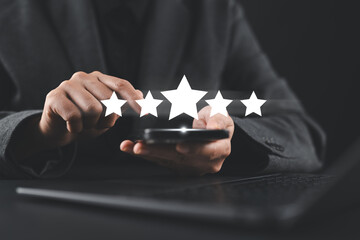 Customer review satisfaction feedback survey concept. User give rating to service excellent experience on mobile phone application, Client evaluate quality of service reputation ranking of business.