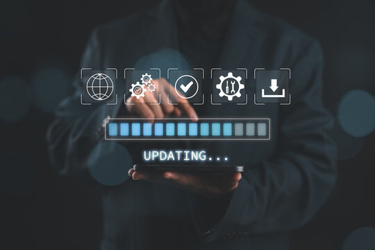 Update software application, upgrade technology. Software update or Operating system, patch update, updating progress bar, Install app patch, new version, Improved security, program downloading