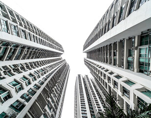View looking up at tall, white apartment buildings against a black sky creating stark contrasting lines
