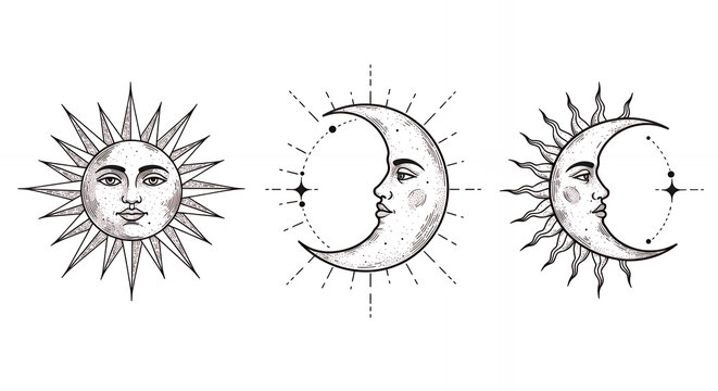 Sun Moon Sun Moon Sun with Facial Features Artistic Astrology Symbols