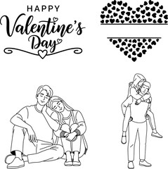 Happy Valentine's Day Typography and Romantic Couple Line Art Illustration Set