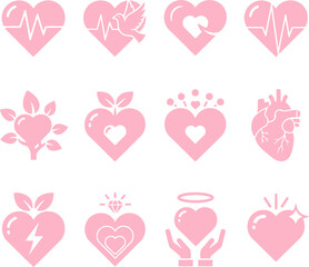 Set of 12 Black Glyph Heart Icons with EKG, Diamond, Hands, and Anatomy Symbols