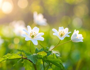 Delicate white wildflowers bloom in a sun-dappled, verdant meadow