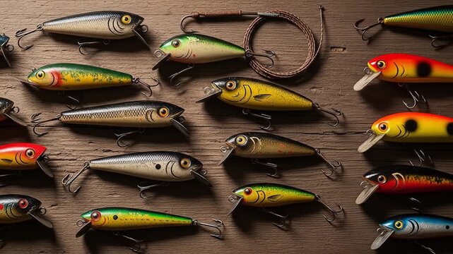 Fishing Lures Collection on Wooden Surface Close Up.