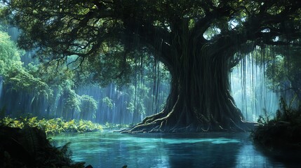 Majestic tree near tranquil water setting.