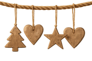 Hanging wooden rustic christmas decorations featuring tree, heart, and star shapes for festive design