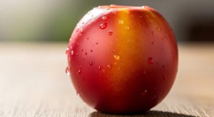 Close-up of a fresh, ripe nectarine with water droplets on its skin, resting on a wooden surface.