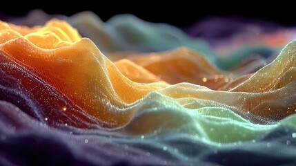 Abstract digital landscape of colorful hills with glittering particles in the night