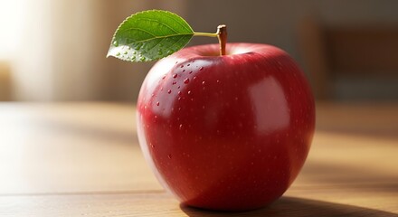 A close-up shot of a shiny red apple with a green leaf on a wooden surface.