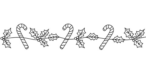 candy canes and holly leaves connected in a festive garland design for Christmas decoration themes.