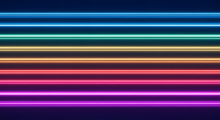 Vibrant horizontal neon light tubes in a spectrum of colors.