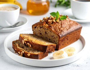 Delicious banana bread slices with peanut butter and coffee