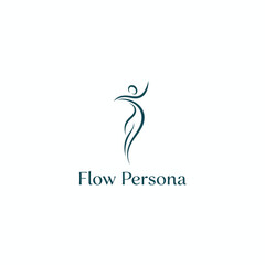 A teal silhouette of a stylized human figure with a flowing form and raised arm, and text below