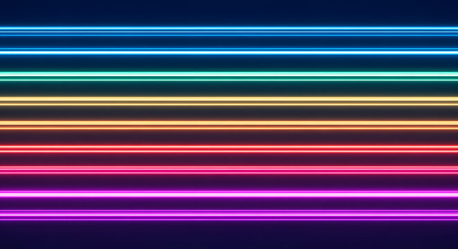 Vibrant horizontal neon light tubes in a spectrum of colors.