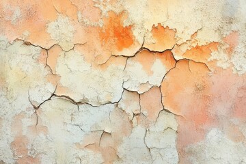 Obraz premium A close-up view of a weathered stucco wall, exhibiting deep cracks and varying shades of pale orange and beige.