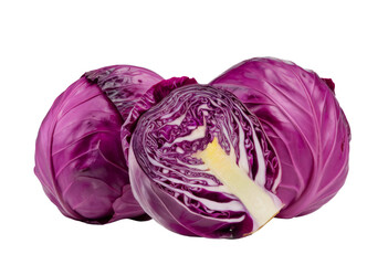 red cabbage, half and whole heads on white background.