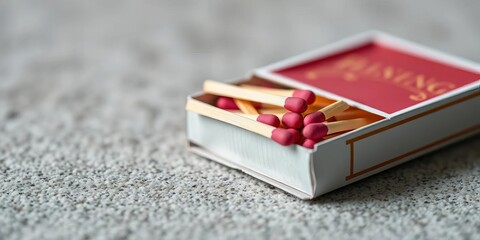 Close-up of a matchbox, showing striking surface and matches inside,  simple,  matches