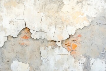 Obraz premium An aged plaster wall displays extensive cracking and peeling paint, showcasing a mix of muted grays, whites, and oranges.