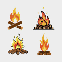 Campfire illustrations depicting flames and burning wood logs in various styles.