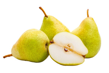 green pears with cut half on white background.