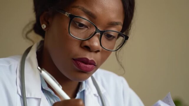 A closeup of a Black woman wearing glasses and a white lab coat