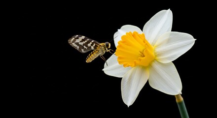 Busy striped insect hovers near a bright white daffodil petal glowing with crisp studio light on a stark black backdrop. AI Generated