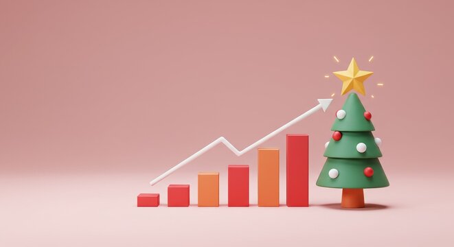 A minimalistic  tree stands by bar graph showcasing positive growth represented an upward-pointing arrow,all against light pink background.Christmas mood,copy space.