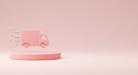 A pink delivery truck is displayed on platform with golden stars and motion lines against monochromatic pastel backdrop,implying swift reliable shipment.Copy space.