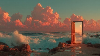A surreal beach landscape with an open door leading to another world or dimension
