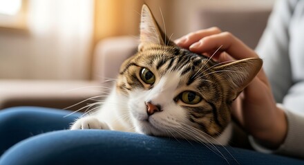 A person's hand gently petting a relaxed tabby cat resting on their lap in a cozy, sunlit home.