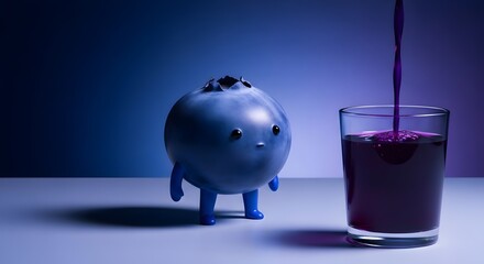 surreal anthropomorphic blueberry with small indigo legs pouring deep blue juice into a clear glass on a pale surface with a dark blue-violet background, symbolizing imagination, creativity, and calm 