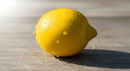 A single, bright yellow lemon with water droplets sits on a wooden surface, casting a distinct shadow.