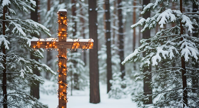 Symbol of faith, a wooden Christian cross wrapped in glowing lights amidst a serene, snow-laden winter forest scene, good day, copy space