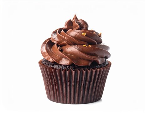 Isolated Chocolate Cupcake with Frosting on White. Delicious chocolate cupcake topped with creamy frosting, isolated on white background. Great for menus, bakery promotions, and packaging.