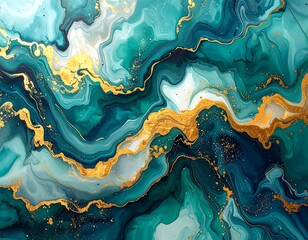 Fluid, marbled abstract artwork with emerald, gold, and white hues